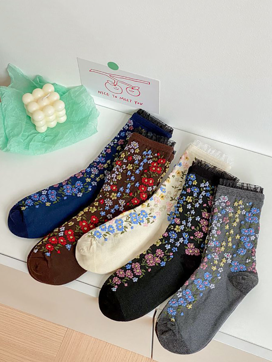 5 Pairs Women Artsy Floral Jacquard Socks