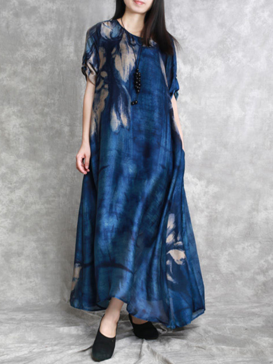 Plus Size Women Summer Abstract Ink Print Loose Maxi Dress – BUYKUD