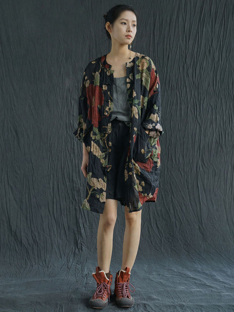 Women Vintage Flower V-neck Drawstring Ramie Shirt main image 0