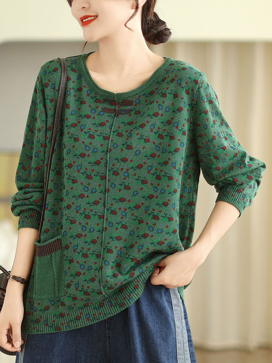 Women Autumn Retro Print Spliced O-Neck 100%Cotton Vest