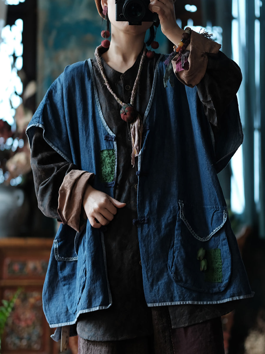 Women Retro Print Button Up Linen Padded Vest