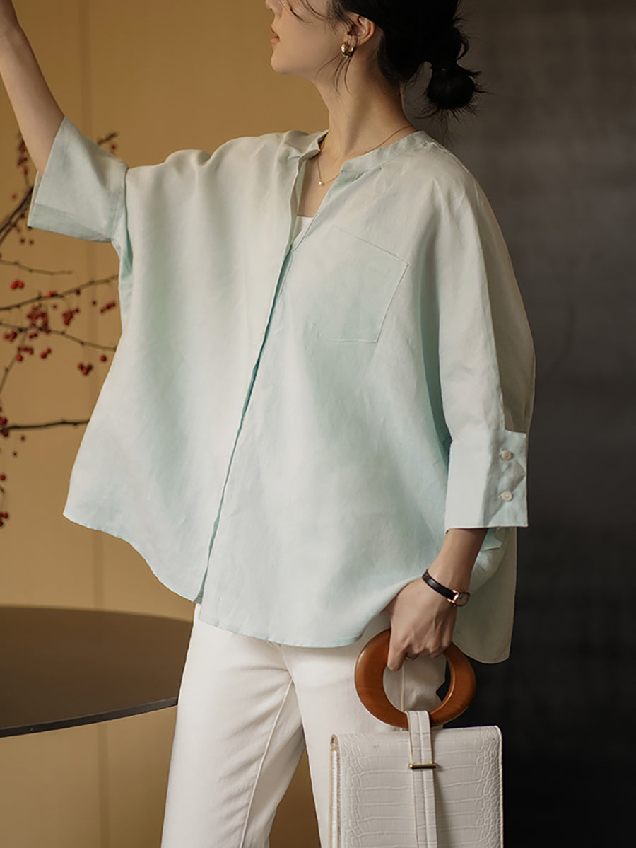 Women Summer Artsy Pure Color V Neck 100 Linen Shirt 2