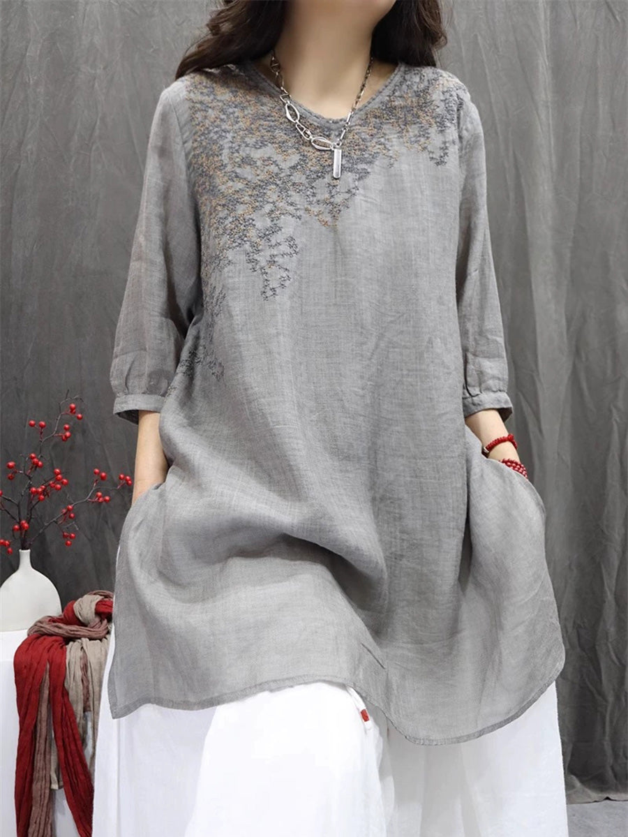 Women Summer Vintage Patchwork Ramie Shirt Coat