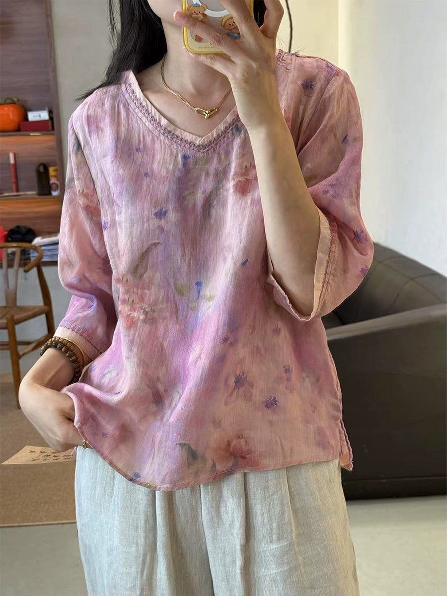 Women Summer Vintage Flower 100 Ramie V Neck Dress