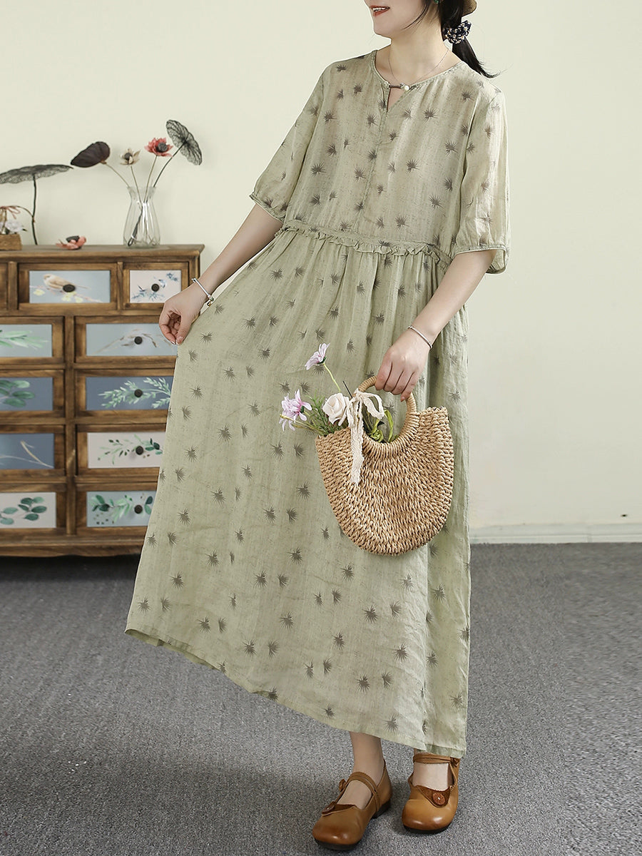 Women Summer Artsy Flower 100 Ramie V Neckblouse
