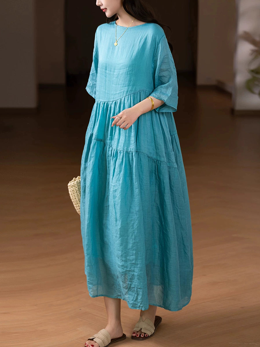 Plus Size Women Summer Artsy Pure Color O-Neck 100%Ramie Dress BUYKUD Plus Size Women Summer Artsy Pure Color O-Neck 100%Ramie Dress BUYKUD