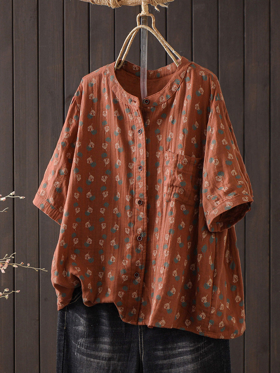 Plus Size Women Summer Artsy Flower O-Neck Cotton Blouse – BUYKUD