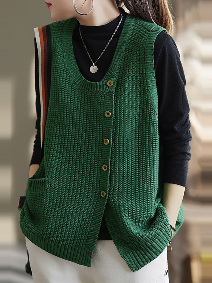 Plus Size Women Knitted Button Vest Waistcoat Sweater BUYKUD