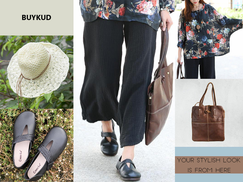 Straw hat, black shoes, pants, floral shirt, leather bags