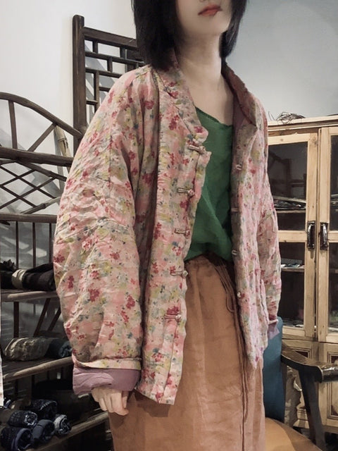 Women Autum Vintage Flower Loose Cotton Coat