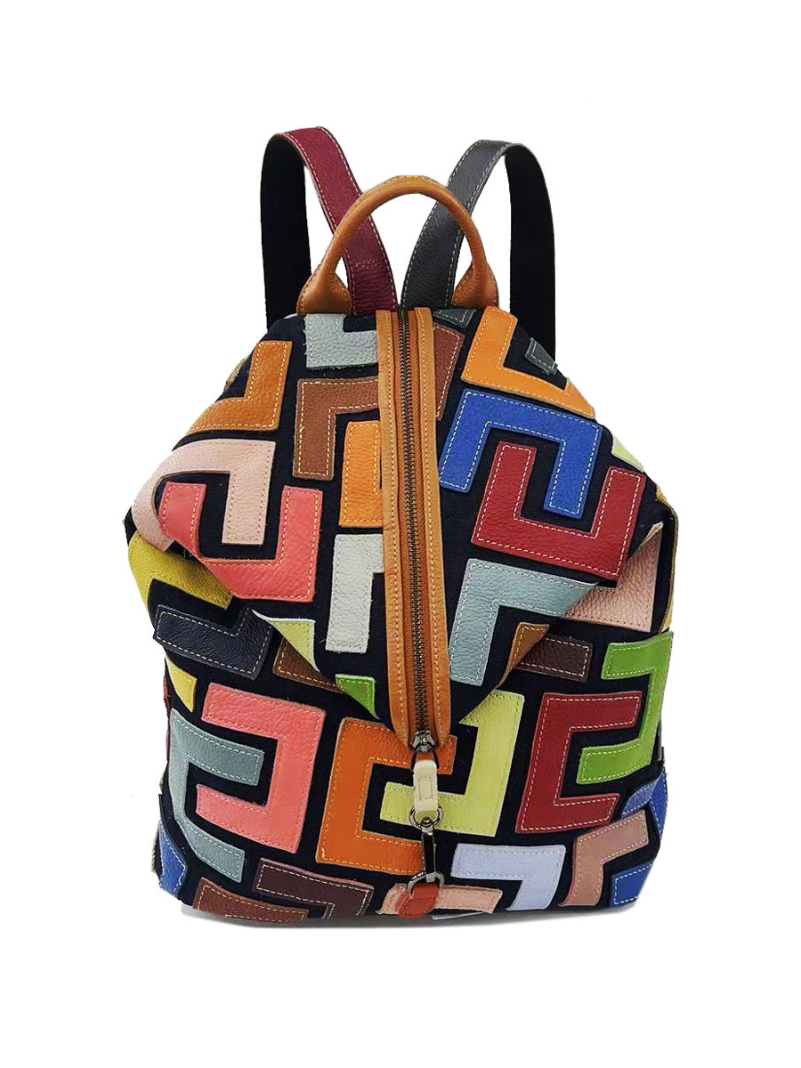 backpack multicolor leather backpack Multicolor Graphic Patchwork Leather Backpack – BUYKUD