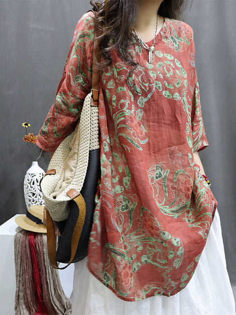 Plus Size Women Summer Ethnic Ink Flower Ramie Shirt/Skirt main image 0