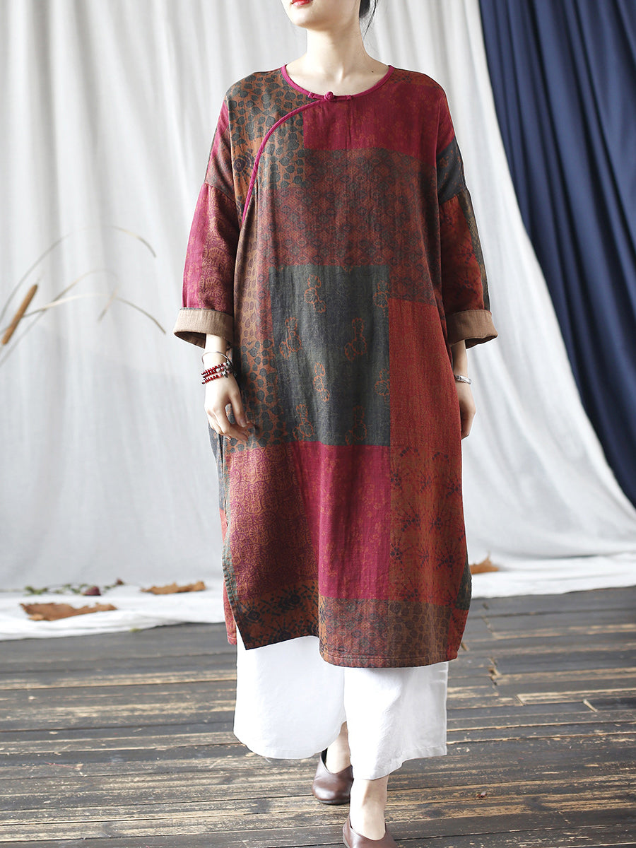 cotton autumn dress Women Vintage Autumn Spliced Cotton Robe Dress