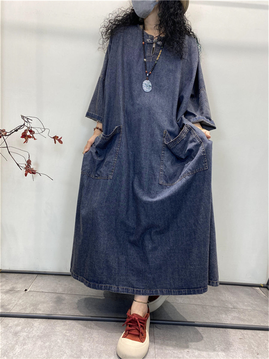 ladies summer denim dress Women Summer Retro Pocket Loose Solid Denim Dress – BUYKUD