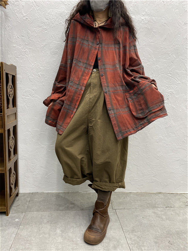 Women Vintage Plaid Spring Hooded Shirt Coat