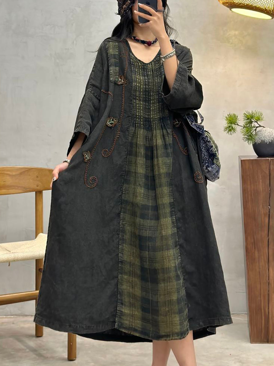 Women Autumn Vintage Plaid Spliced Shirred Linen Dress BUYKUD Women Autumn Vintage Plaid Spliced Shirred Linen Dress BUYKUD