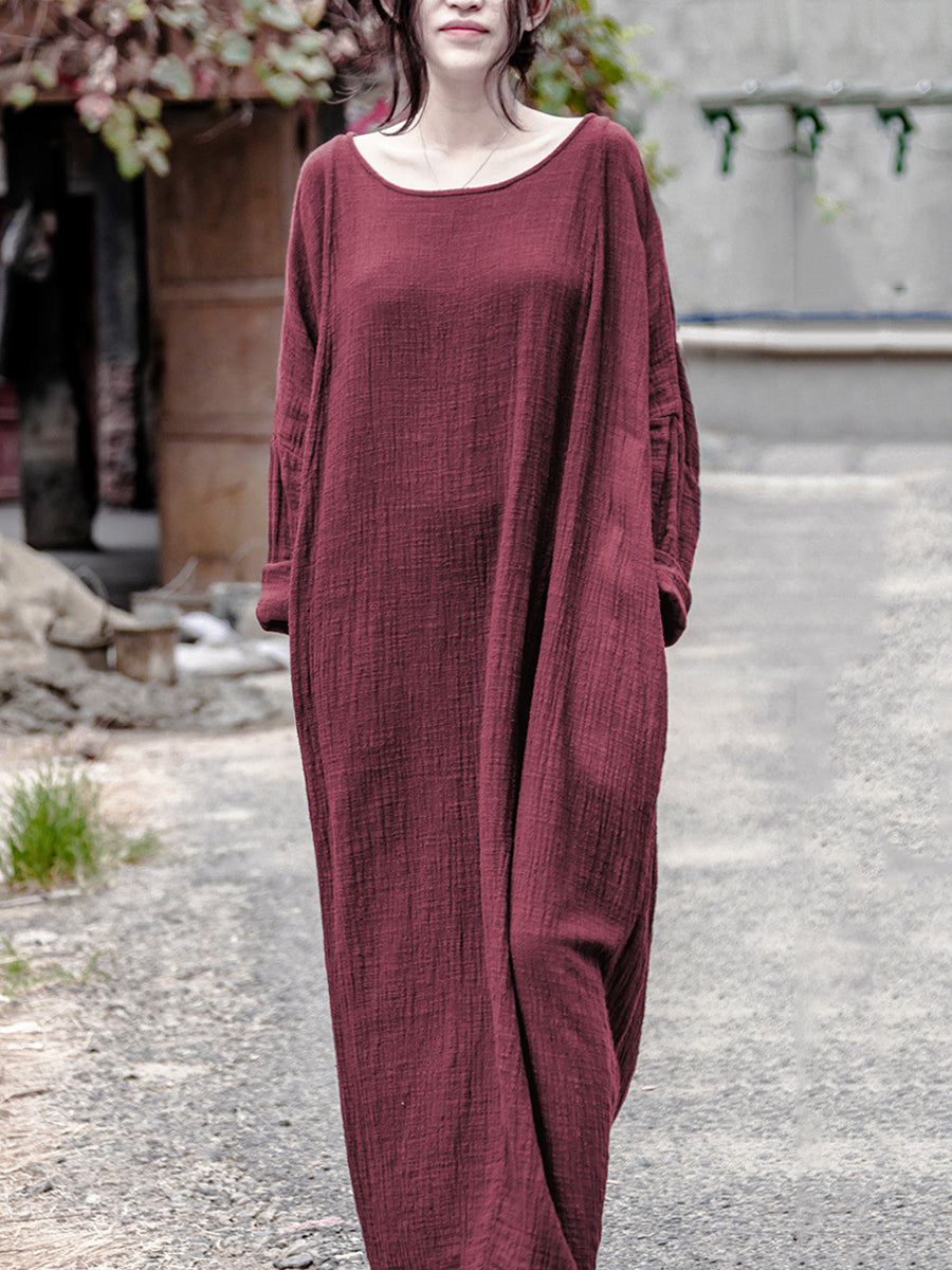 Women Casual Autumn Solid O-Neck Cotton Linen Dress Women Casual Autumn Solid O-Neck Cotton Linen Dress