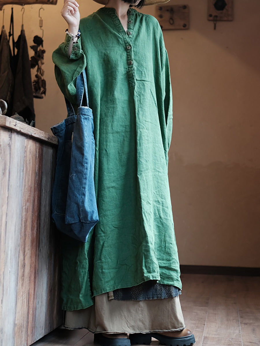 Women Autumn Vintage Green O-Neck Linen Robe Dress Women Autumn Vintage Green O-Neck Linen Robe Dress