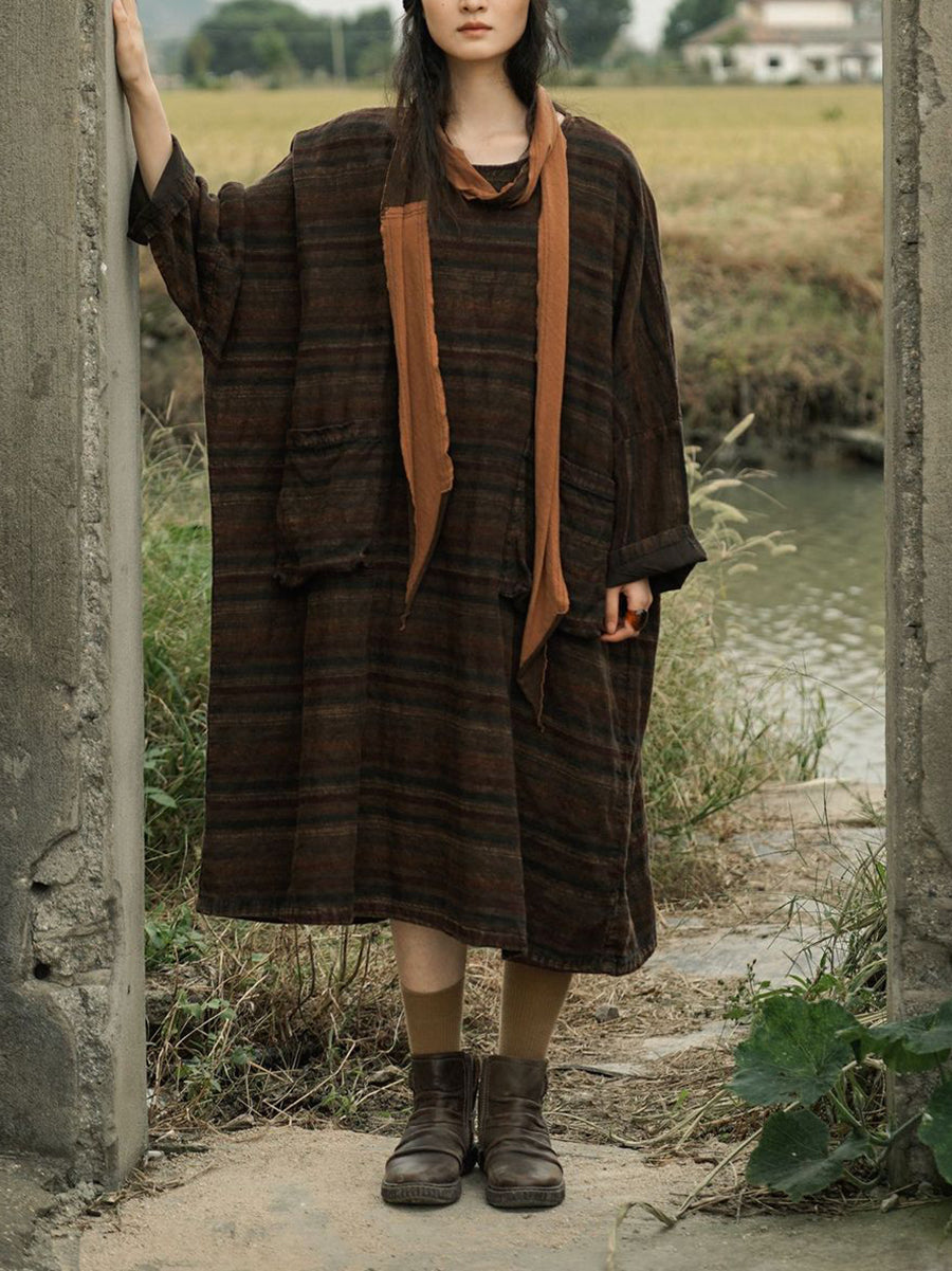 Women Autumn Casual Stripe Linen O-Neck Dress Women Autumn Casual Stripe Linen O-Neck Dress