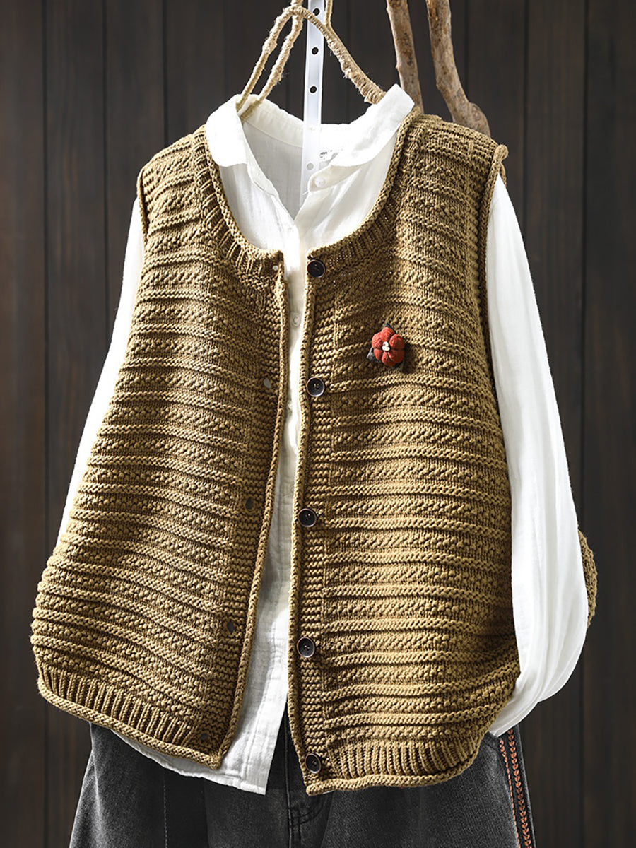 Women Spring Pure Color Knit O-Neck Cardigan Vest – BUYKUD