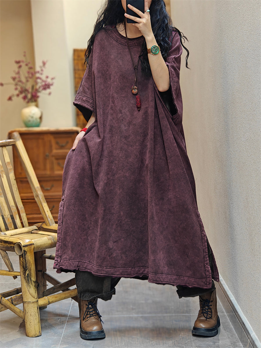Plus Size Women Vintage Summer Split Hem Cotton Dress