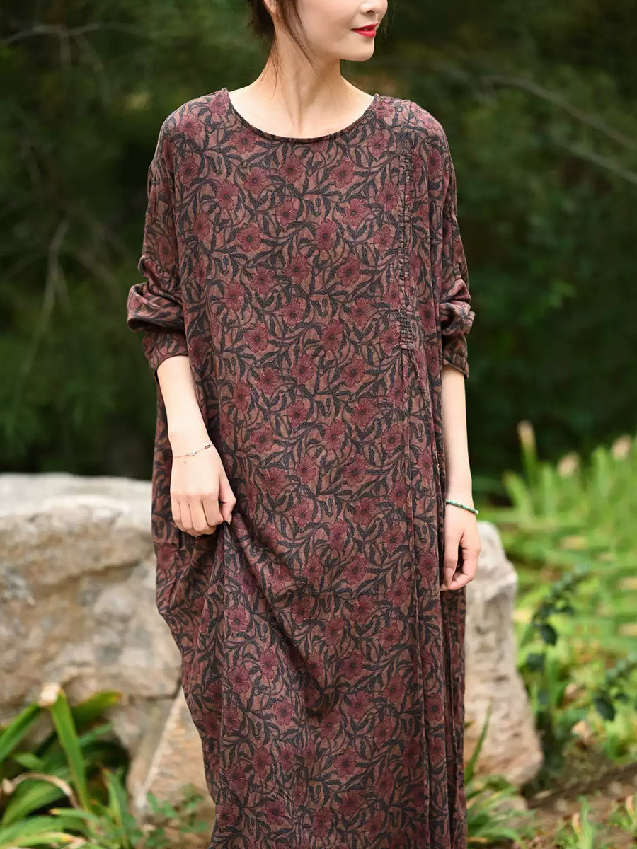 Plus Size Women Autumn Retro Flower 100%Cotton O-Neck Loose Maxi Dress