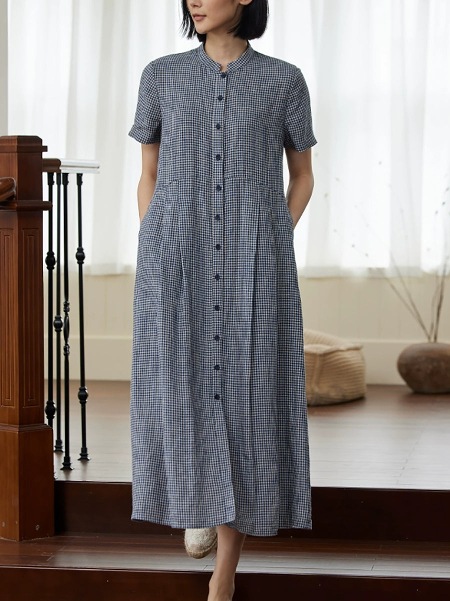Plus Size Women Summer Plaid Stand Collar 100%Linen Loose Dress Plus Size Women Summer Plaid Stand Collar 100%Linen Loose Dress