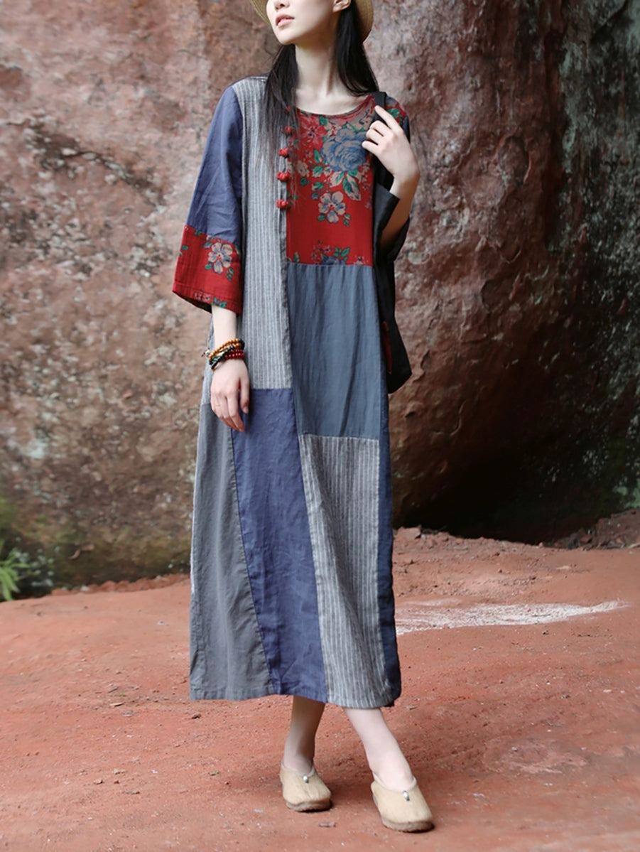 Plus Size Women Ethnic Patchwork O-Neck Linen Cotton Maxi Dress Plus Size Women Ethnic Patchwork O-Neck Linen Cotton Maxi Dress