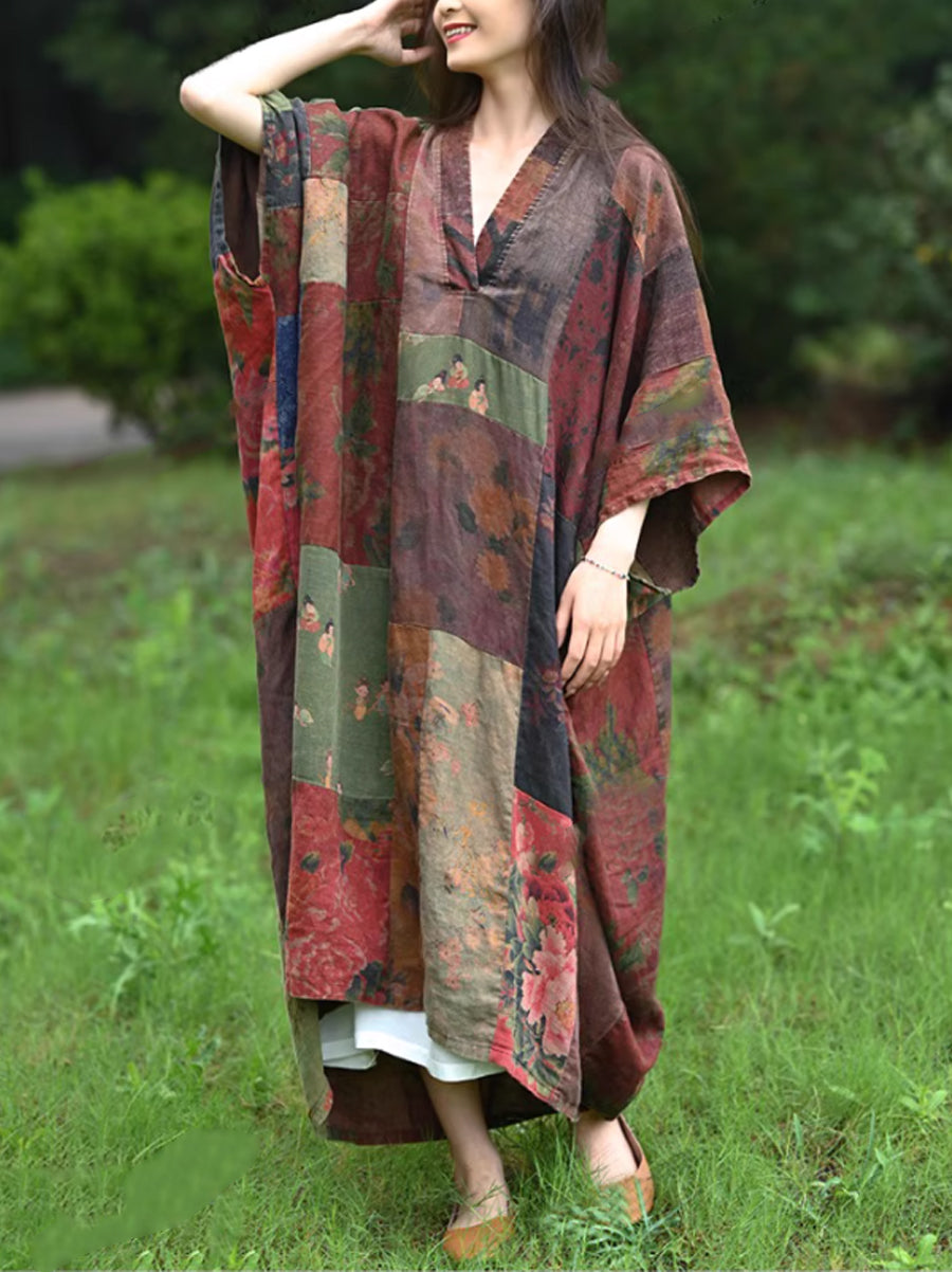 buykud linen dresses Women Autumn Retro Pure Color O-Neck Cotton Linen Dress