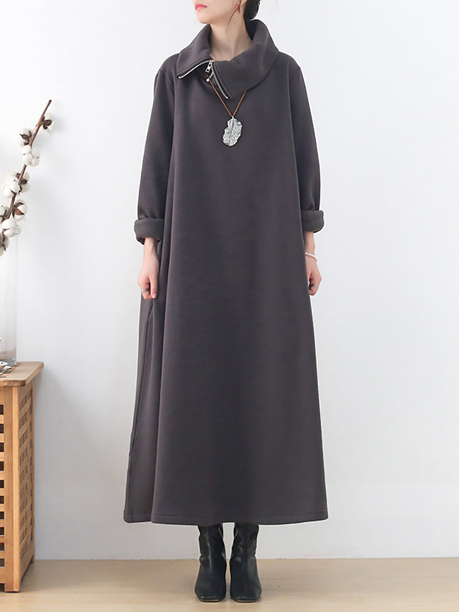 Plus Size Women Autumn Pure Color Turtleneck Cotton Polyester Dress
