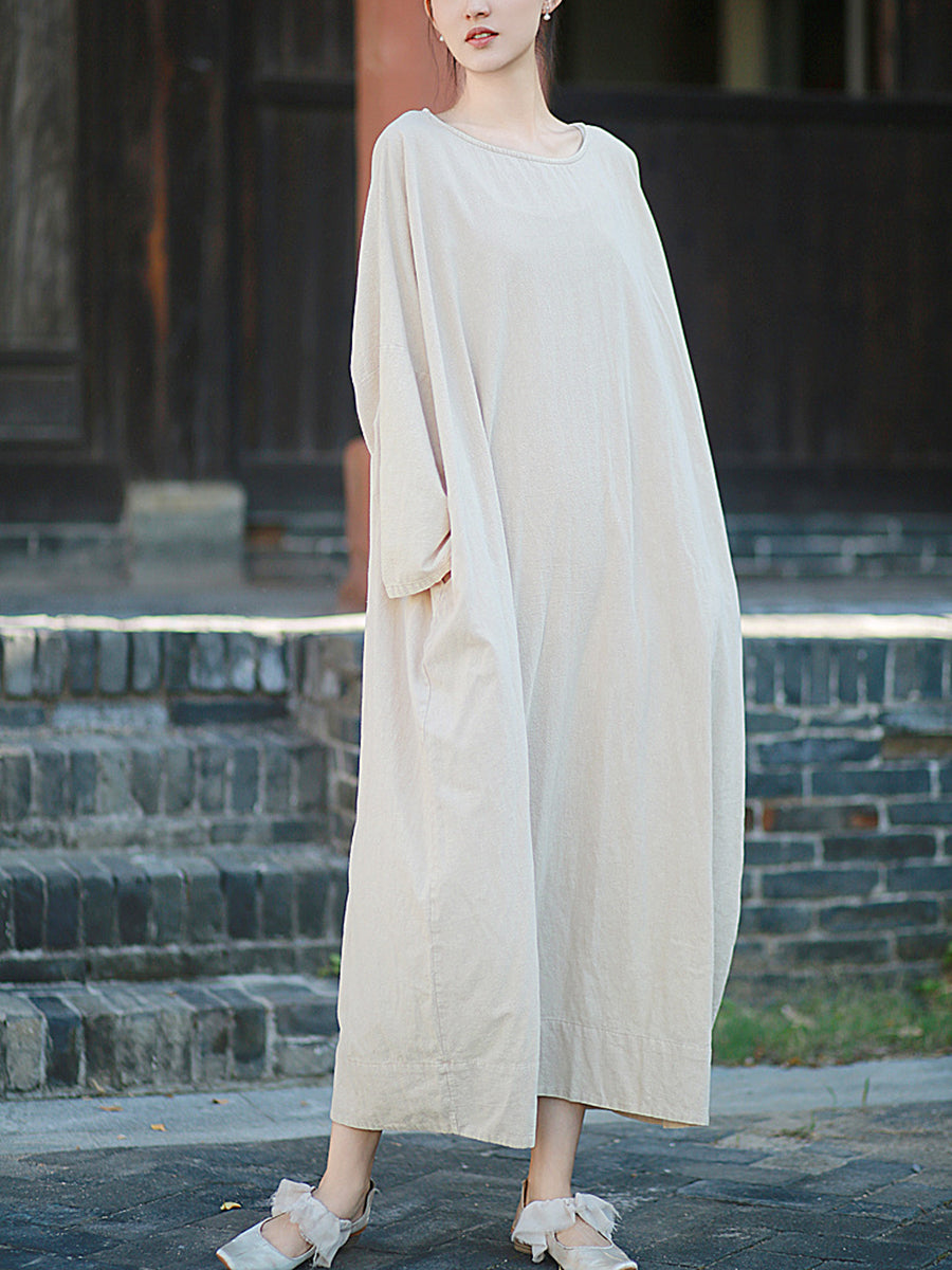 Women Autumn Retro Pure Color O-Neck Cotton Linen Dress Women Autumn Retro Pure Color O-Neck Cotton Linen Dress