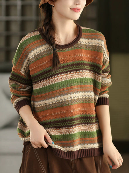 Women Autumn Retro Stripe O-Neck Knitted Sweater – BUYKUD