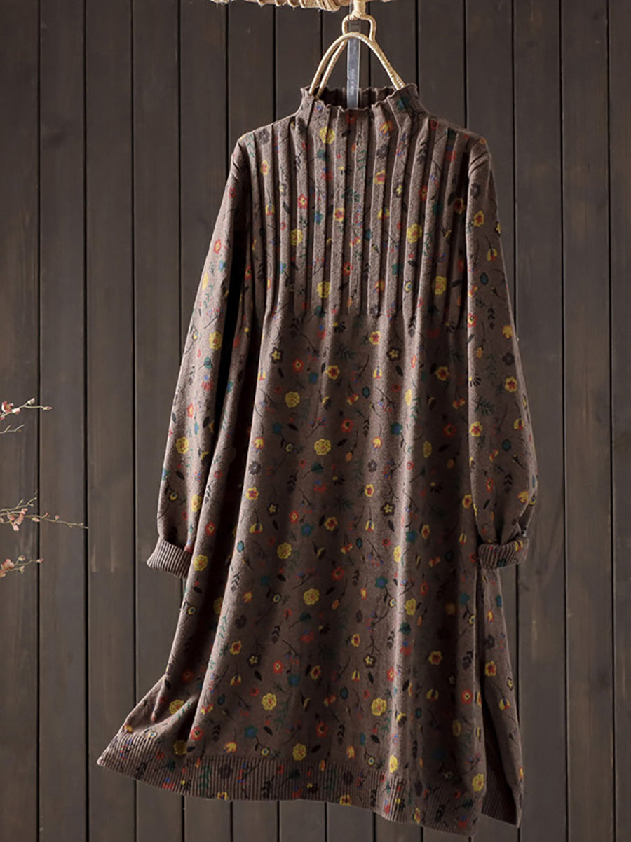 Women Autumn Vintage Flower Half-Turtleneck Knitted Dress Women Autumn Vintage Flower Half-Turtleneck Knitted Dress