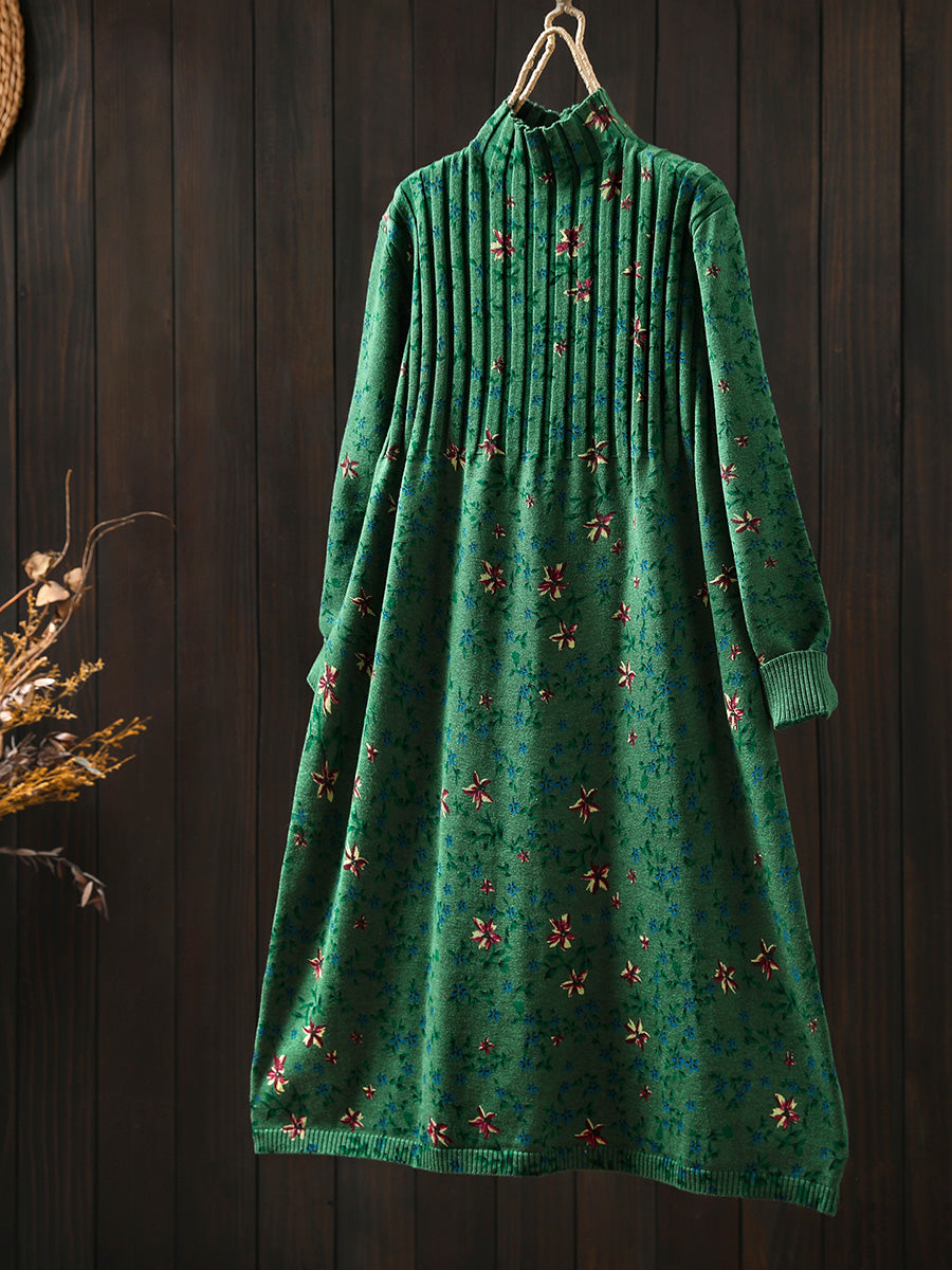 Women Autumn Vintage Floral Half-Turtleneck Knitted Dress Women Autumn Vintage Floral Half-Turtleneck Knitted Dress