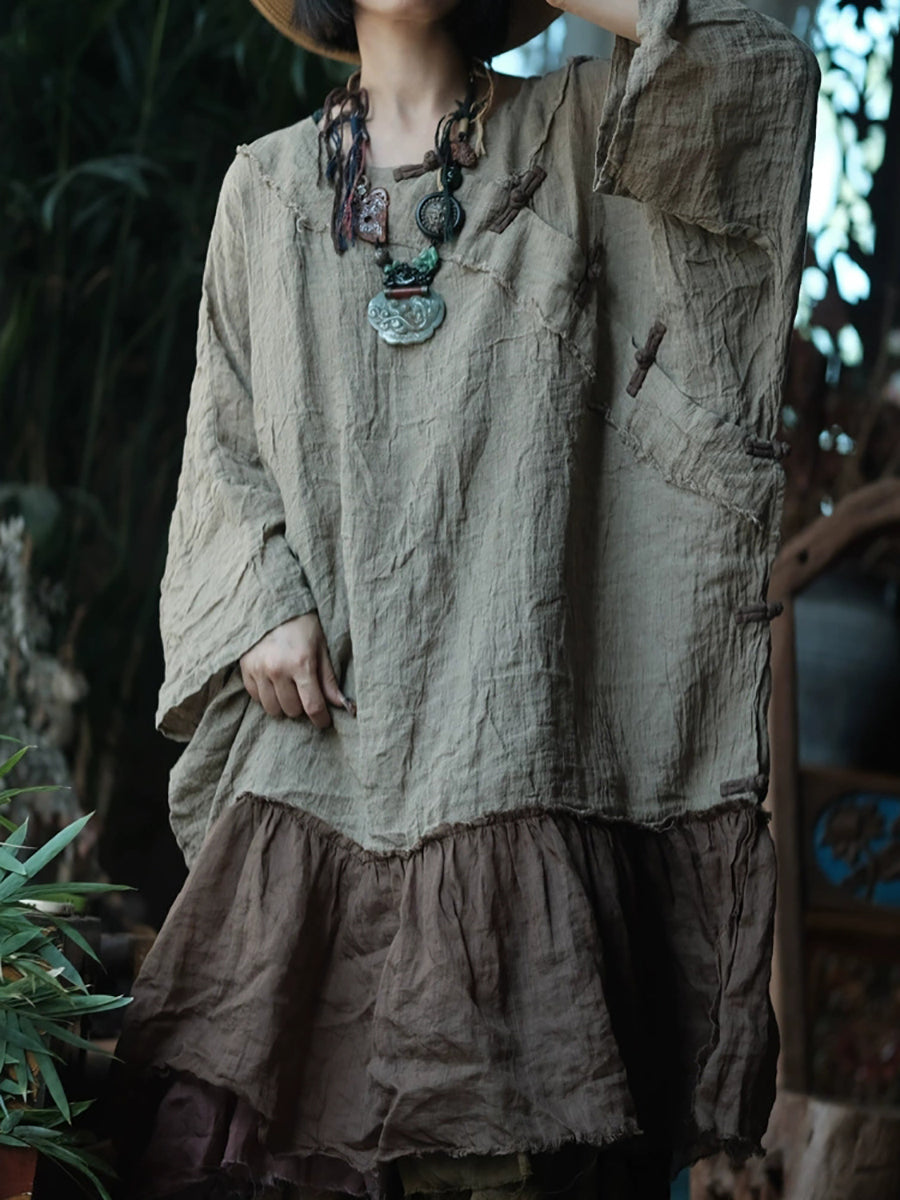 Women Spring Ethnic Colorblock Linen O-Neck Dress Women Spring Ethnic Colorblock Linen O-Neck Dress