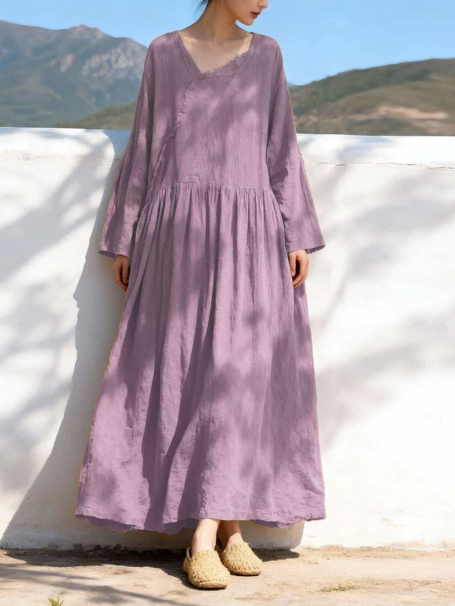 Plus Size Women Spring Vintage Pure Color Cotton V-Neck Dress – BUYKUD