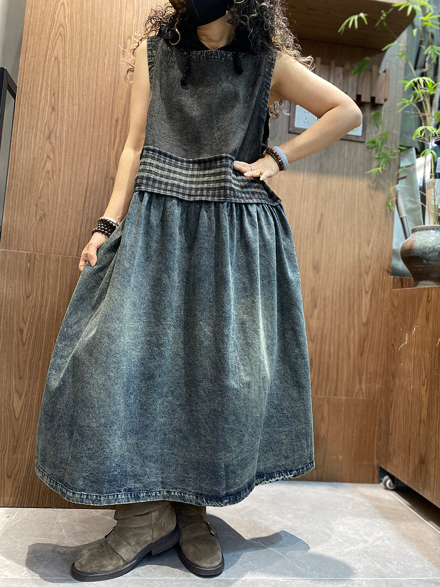Women Summer Vintage Denim Spliced O-Neck Vest Dress