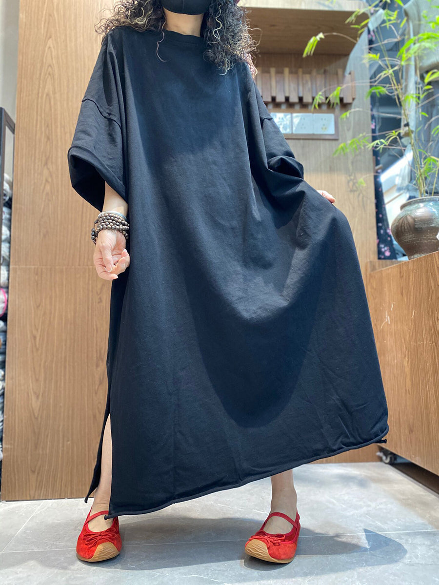 Plus Size Women Summer Vintage Pure Color O-Neck Dress – BUYKUD