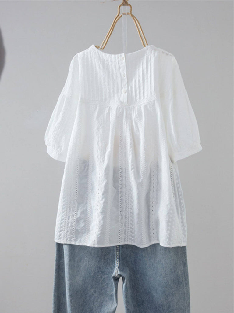 Plus Size Women Summer Artsy Jacquard O-Neck 100%Cotton Blouse