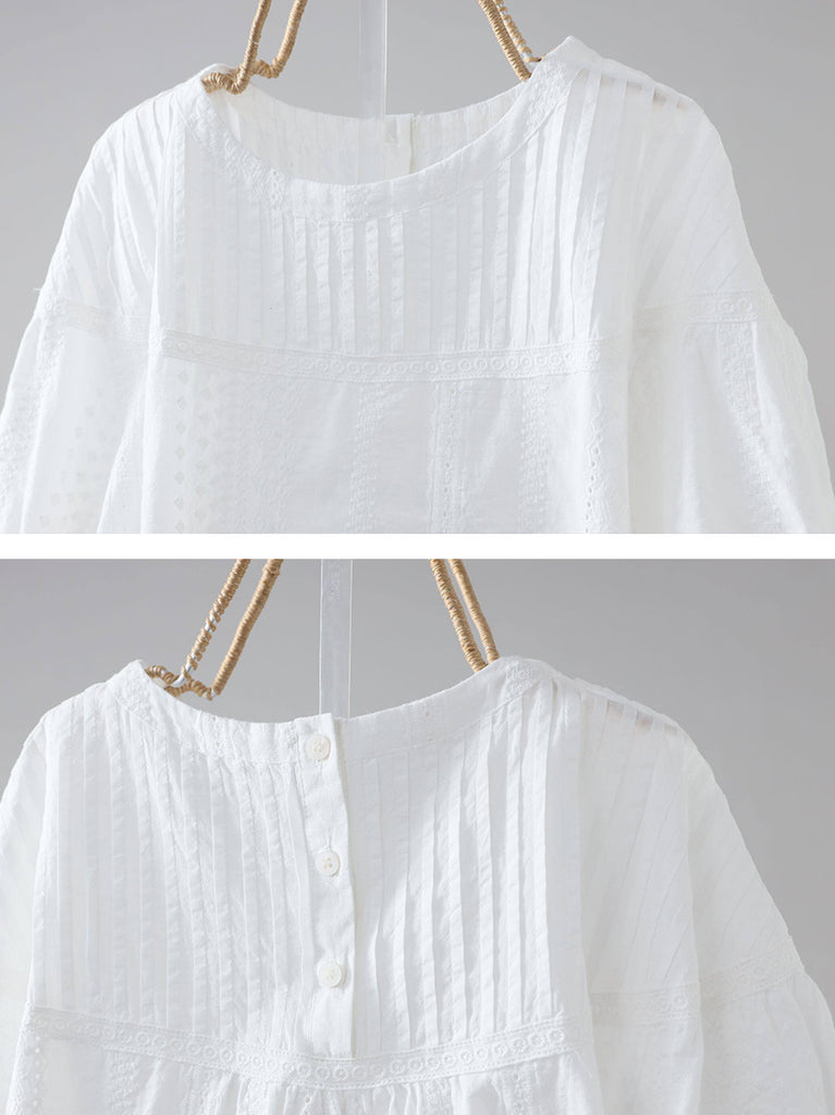 Plus Size Women Summer Artsy Jacquard O-Neck 100%Cotton Blouse