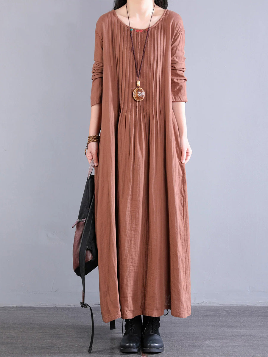 buykud linen dresses Women Autumn Retro Pure Color O-Neck Cotton Linen Dress
