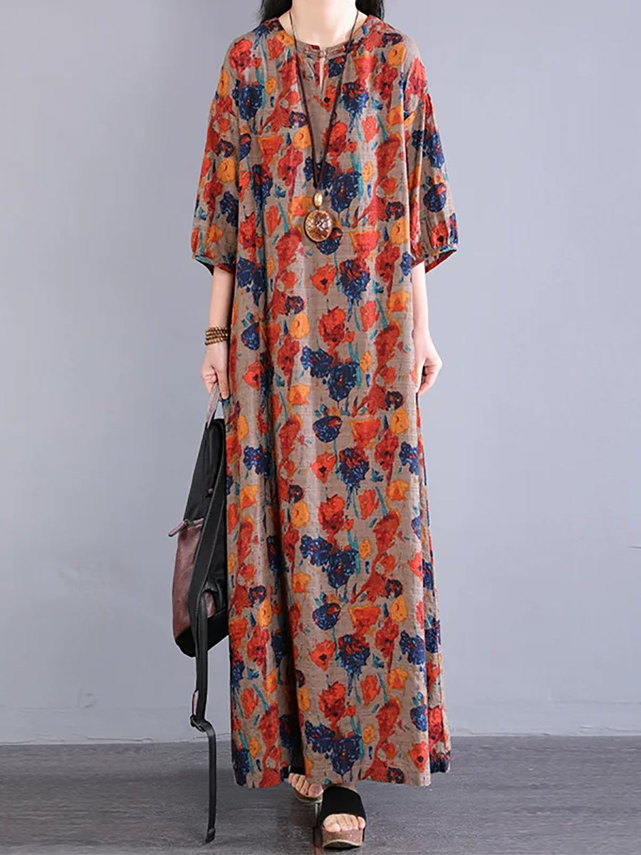 chinese dress ladies Women Loose Linen Print Vintage V-Neck Dress – BUYKUD
