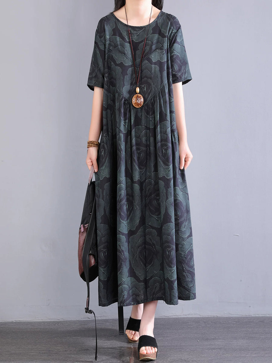 chinese dress ladies Plus Size Women Summer Plaid Stand Collar 100%Linen Loose Dress  BUYKUD