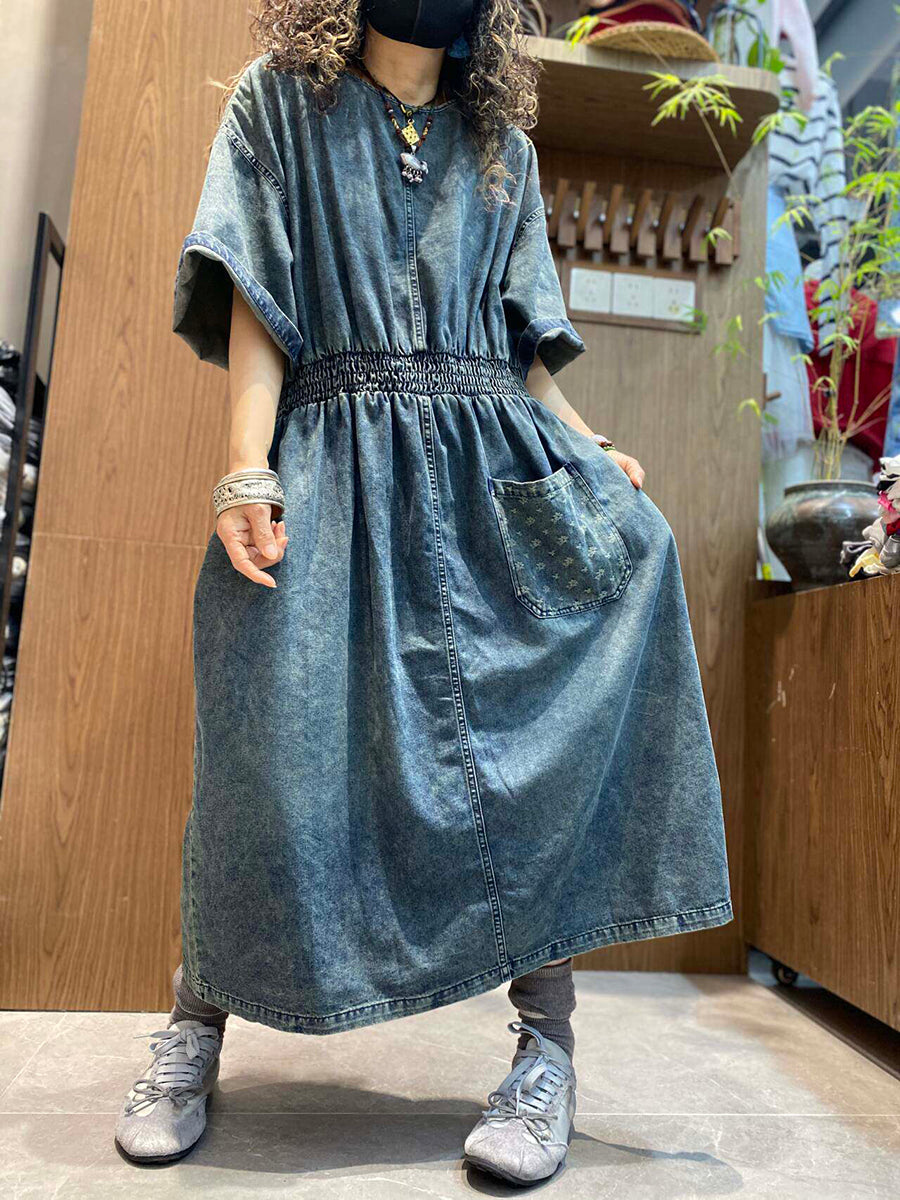 ladies summer denim dress Women Summer Vintage Pure Color O-Neck Denim Dress
