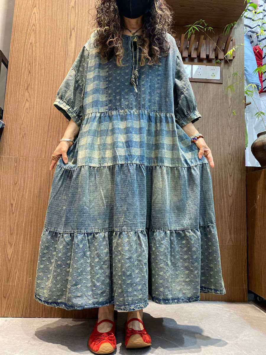 ladies summer denim dress Women Summer Vintage Patchwork O-Neck Denim Maxi Dress