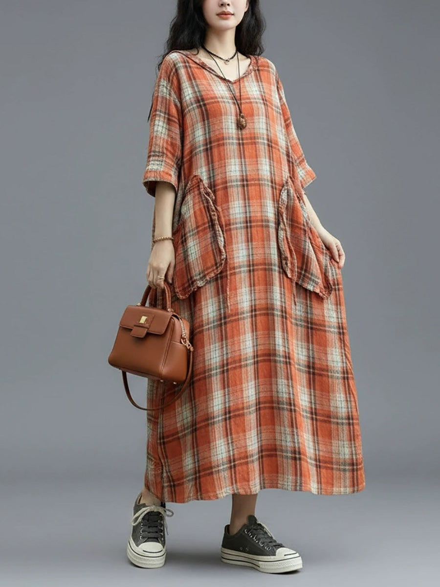 Women Summer Vintage Plaid Hoodie Maxi Dress BUYKUD Women Summer Vintage Plaid Hoodie Maxi Dress BUYKUD