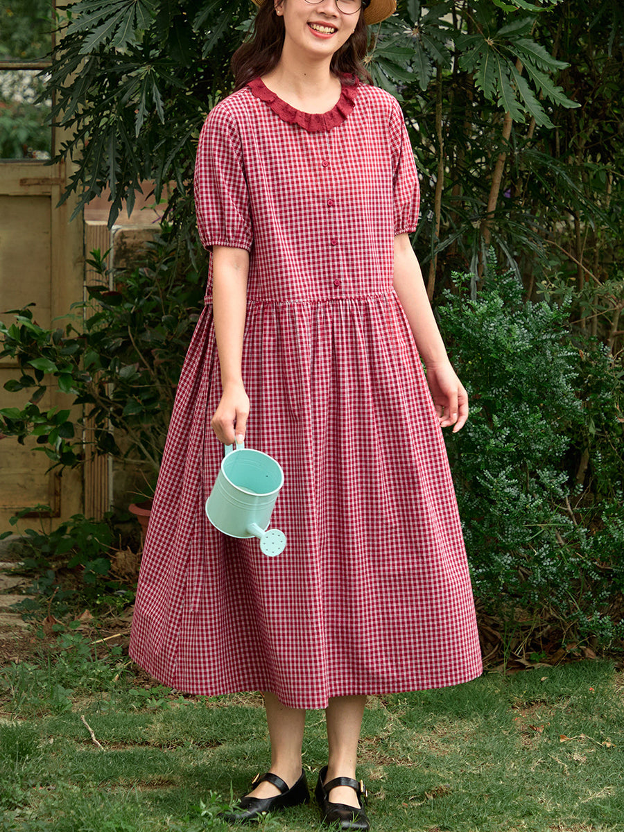 Women Summer Vintage Plaid Puff Sleeve 100%Cotton Dress  BUYKUD