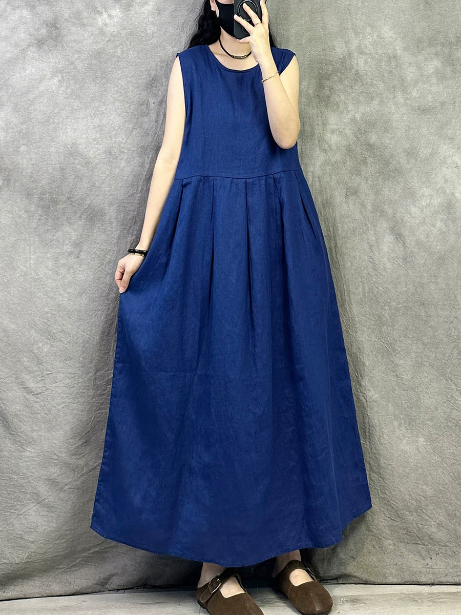 Women Summer Casual Pure Color Linen O-Neck Vest Dress  BUYKUD