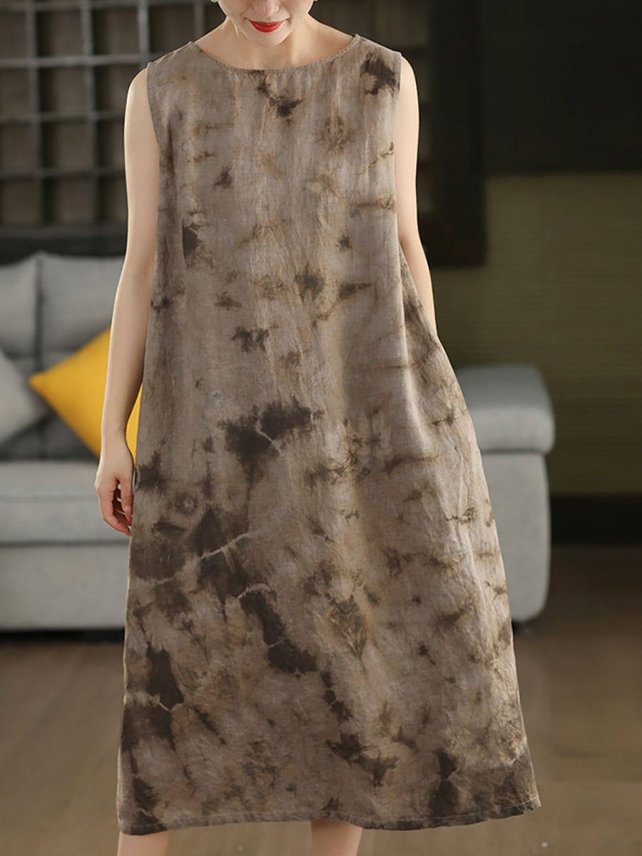 Women Summer Vintage Tie-dye 100%Linen O-Neck Vest Dress Women Summer Vintage Tie-dye 100%Linen O-Neck Vest Dress