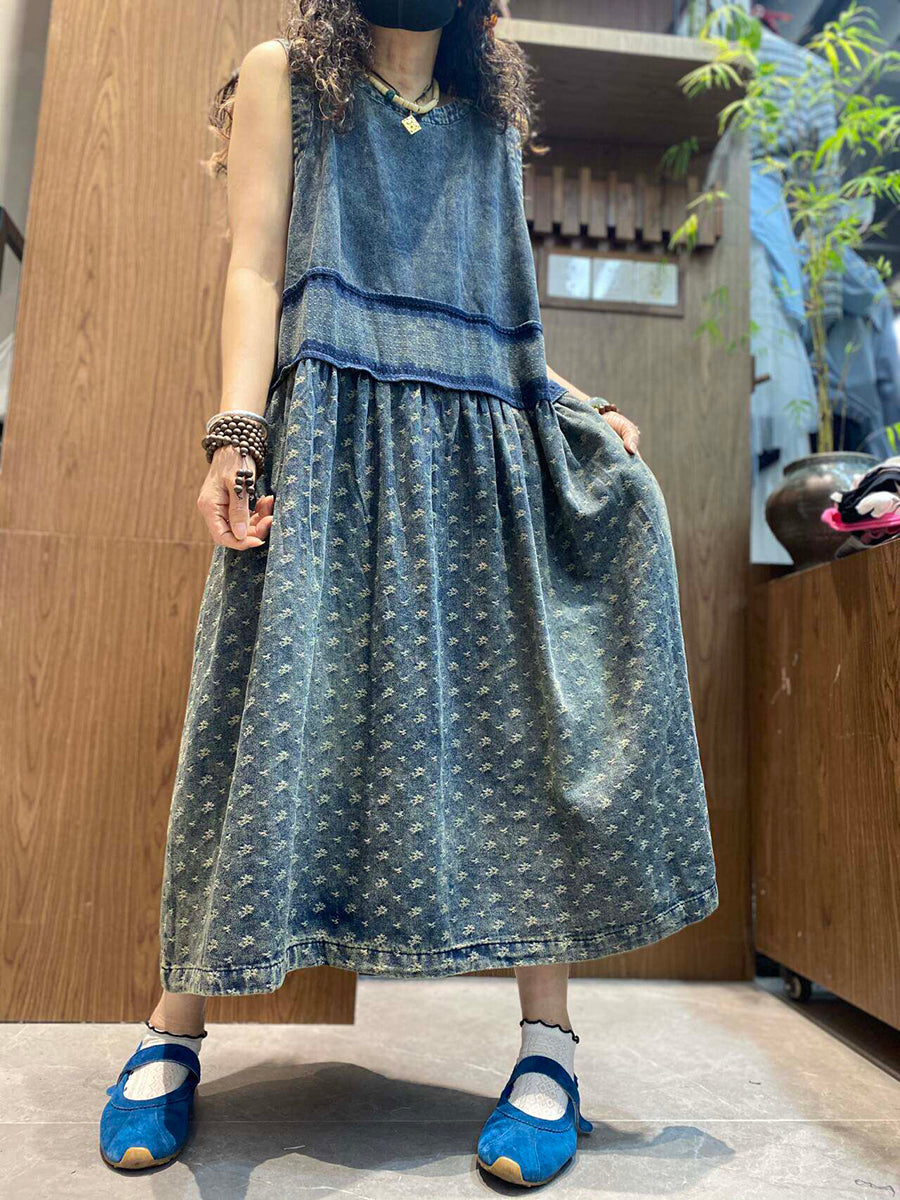 Women Summer Vintage Spliced O-Neck Denim Vest Dress Women Summer Vintage Spliced O-Neck Denim Vest Dress